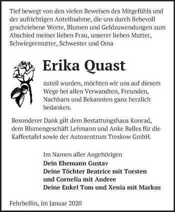 Traueranzeige von Erika Quast von Märkische Oderzeitung