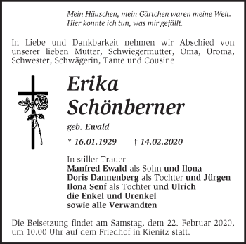 Traueranzeige von Erika Schönberner von Märkische Oderzeitung