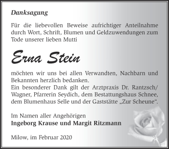 Traueranzeige von Erna Stein von Märkische Oderzeitung