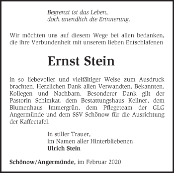 Traueranzeige von Ernst Stein von Märkische Oderzeitung