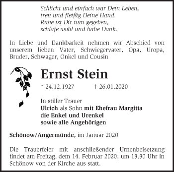 Traueranzeige von Ernst Stein von Märkische Oderzeitung