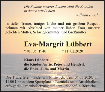 Traueranzeige von Eva-Margrit Lübbert von Märkische Oderzeitung