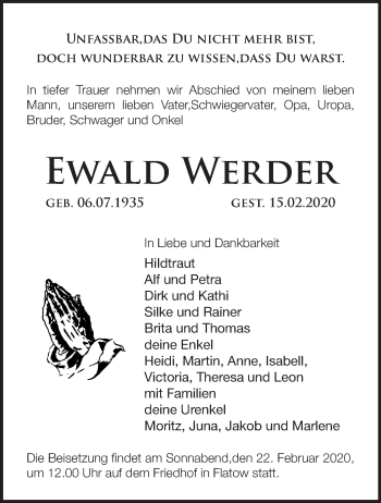 Traueranzeige von Ewald Werder von Märkische Oderzeitung