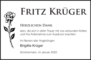 Traueranzeige von Fritz Krüger von Märkische Oderzeitung