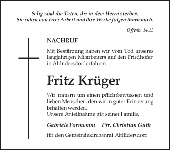 Traueranzeige von Fritz Krüger von Märkische Oderzeitung