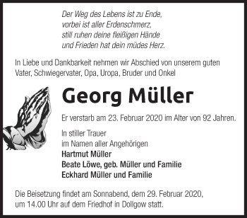 Traueranzeige von Georg Müller von Märkische Oderzeitung