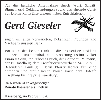 Traueranzeige von Gerd Gieseler von Märkische Oderzeitung