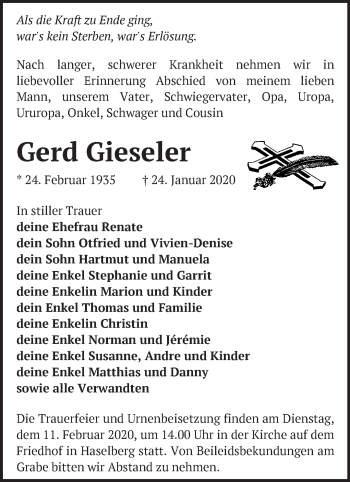 Traueranzeige von Gerd Gieseler von Märkische Oderzeitung