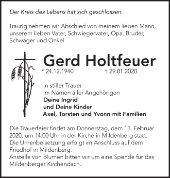 Traueranzeige von Gerd Holtfeuer von Märkische Oderzeitung