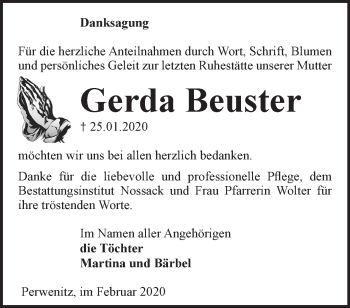 Traueranzeige von Gerda Beuster von Märkische Oderzeitung