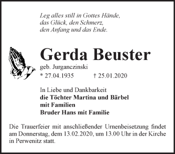 Traueranzeige von Gerda Beuster von Märkische Oderzeitung