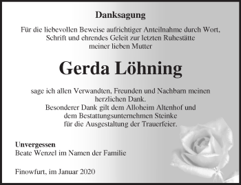 Traueranzeige von Gerda Löhning von Märkische Oderzeitung