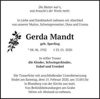 Traueranzeige von Gerda Mandt von Märkische Oderzeitung