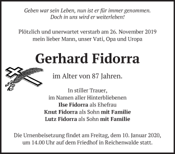 Traueranzeige von Gerhard Fidorra von Märkische Oderzeitung