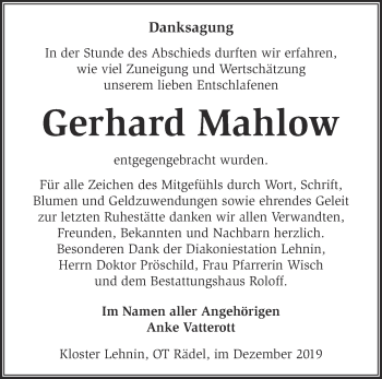 Traueranzeige von Gerhard Mahlow von Märkische Oderzeitung