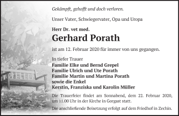 Traueranzeige von Gerhard Porath von Märkische Oderzeitung