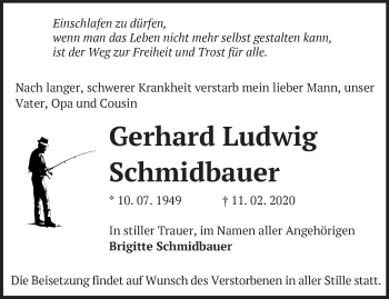 Traueranzeige von Gerhard Ludwig Schmidbauer von Märkische Oderzeitung