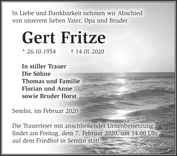 Traueranzeige von Gert Fritze von Märkische Oderzeitung