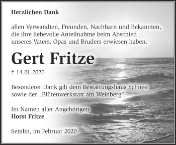 Traueranzeige von Gert Fritze von Märkische Oderzeitung