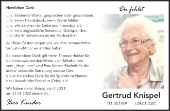 Traueranzeige von Gertrud Knispel von Märkische Oderzeitung