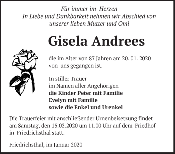 Traueranzeige von Gisela Andrees von Märkische Oderzeitung