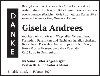 Traueranzeige von Gisela Andrees von Märkische Oderzeitung