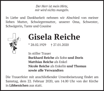 Traueranzeige von Gisela Reiche von Märkische Oderzeitung