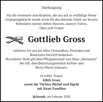 Traueranzeige von Gottlieb Gross von Märkische Oderzeitung