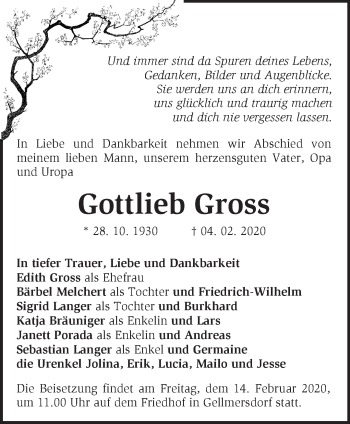 Traueranzeige von Gottlieb Gross von Märkische Oderzeitung