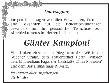 Traueranzeige von Günter Kampioni von Märkische Oderzeitung