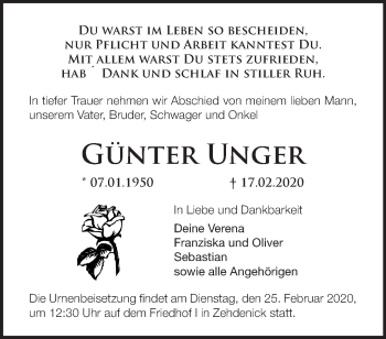 Traueranzeige von Günter Unger von Märkische Oderzeitung