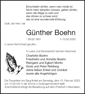 Traueranzeige von Günther Boehn von Märkische Oderzeitung