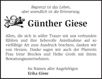 Traueranzeige von Günther Giese von Märkische Oderzeitung