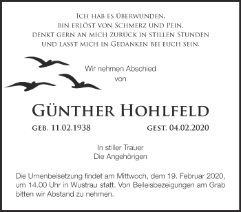 Traueranzeige von Günther Hohlfeld von Märkische Oderzeitung