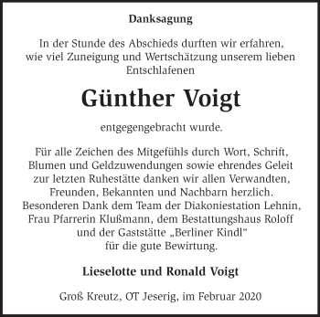 Traueranzeige von Günther Voigt von Märkische Oderzeitung