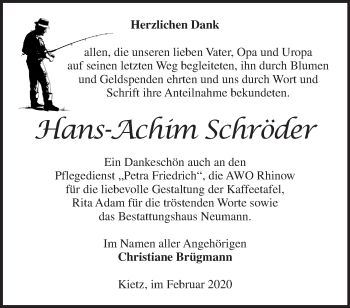 Traueranzeige von Hans-Achim Schröder von Märkische Oderzeitung