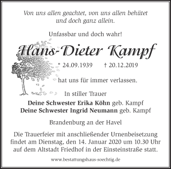 Traueranzeige von Hans-Dieter Kampf von Märkische Oderzeitung