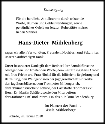 Traueranzeige von Hans-Dieter Mühlenberg von Märkische Oderzeitung