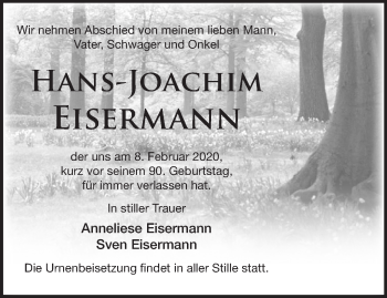 Traueranzeige von Hans-Joachim Eisermann von Märkische Oderzeitung