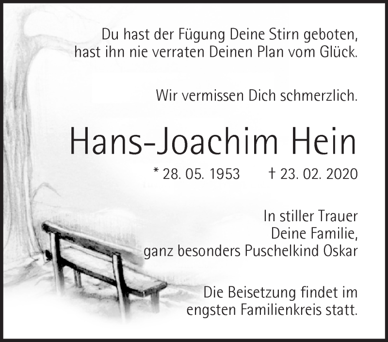  Traueranzeige für Hans-Joachim Hein vom 27.02.2020 aus Märkische Oderzeitung