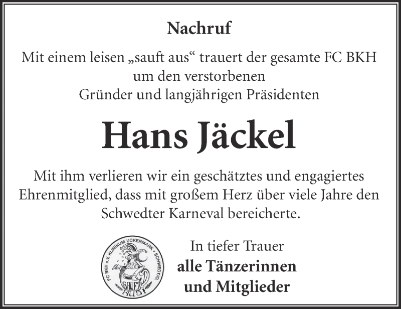  Traueranzeige für Hans Jäckel vom 05.01.2020 aus Märkische Oderzeitung