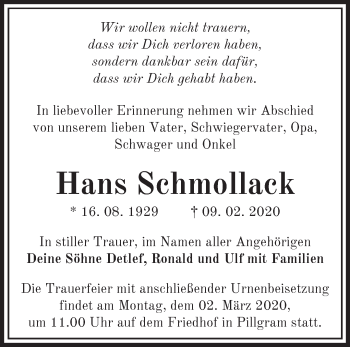 Traueranzeige von Hans Schmollack von Märkische Oderzeitung