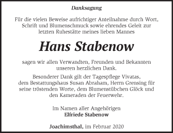 Traueranzeige von Hans Stabenow von Märkische Oderzeitung