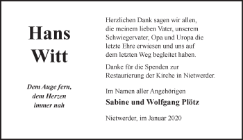 Traueranzeige von Hans Witt von Märkische Oderzeitung