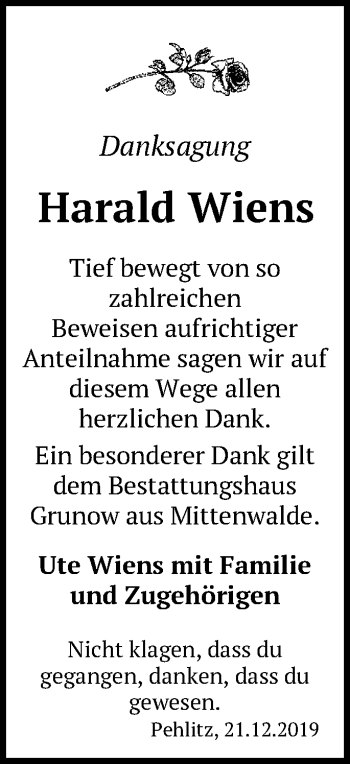 Traueranzeige von Harald Wiens von Märkische Oderzeitung