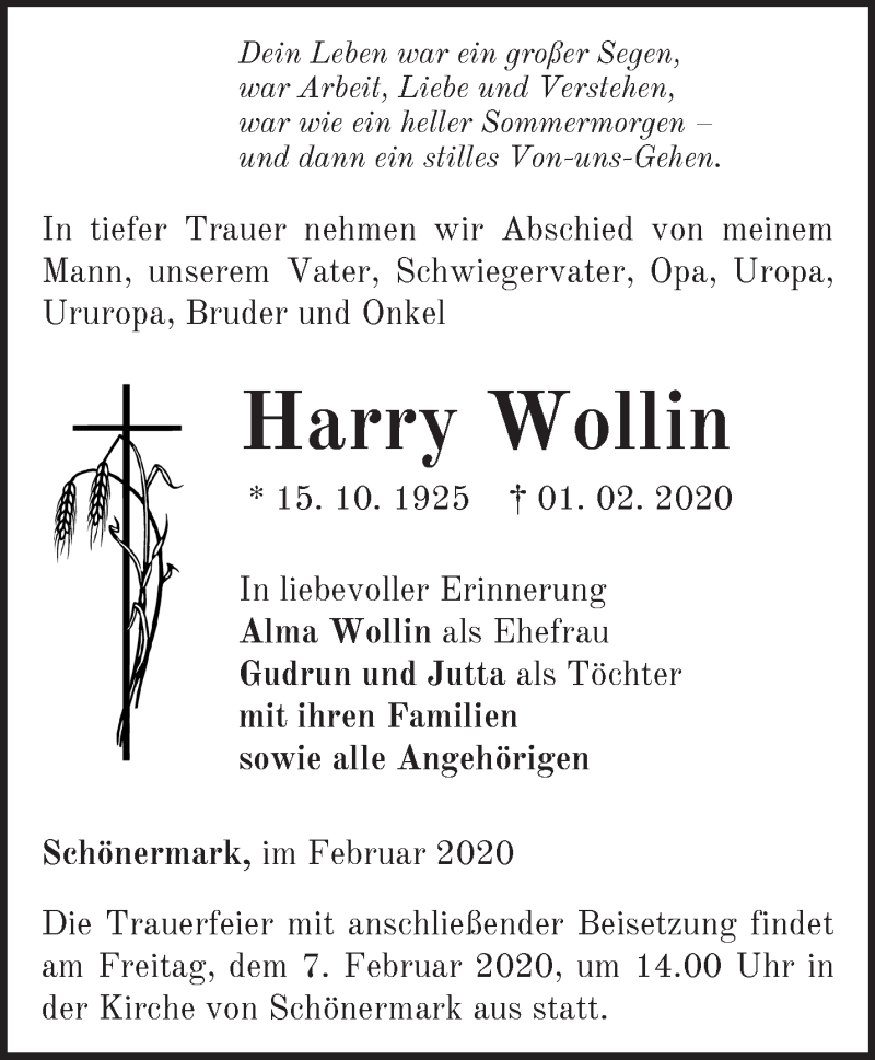  Traueranzeige für Harry Wollin vom 04.02.2020 aus Märkische Oderzeitung