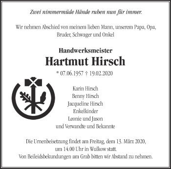 Traueranzeige von Hartmut Hirsch von Märkische Oderzeitung