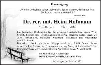 Traueranzeige von Heini Hofmann von Märkische Oderzeitung