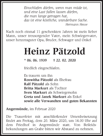 Traueranzeige von Heinz Pätzold von Märkische Oderzeitung