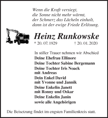 Traueranzeige von Heinz Runkowske von Märkische Oderzeitung